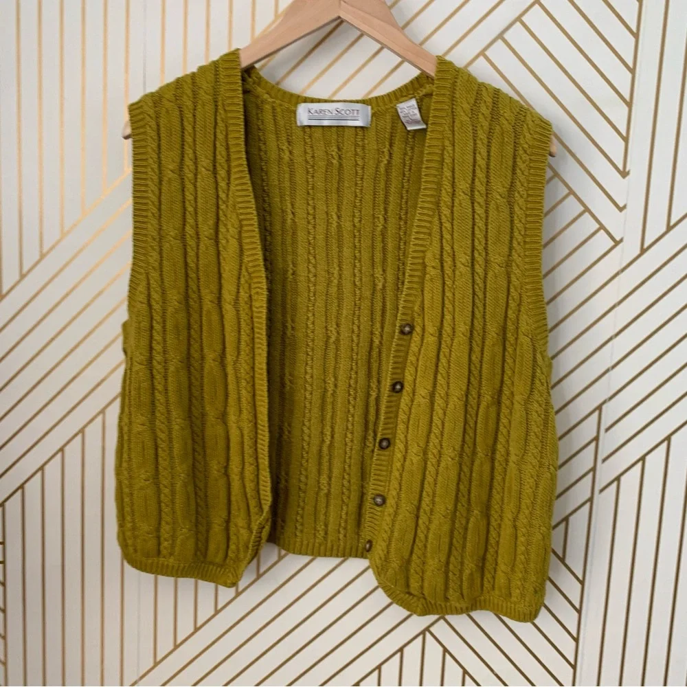 Vintage Karen Scott Fairy Core Forest Nymph Cable knit Sweater Vest Chartreuse L - Picture 10 of 11